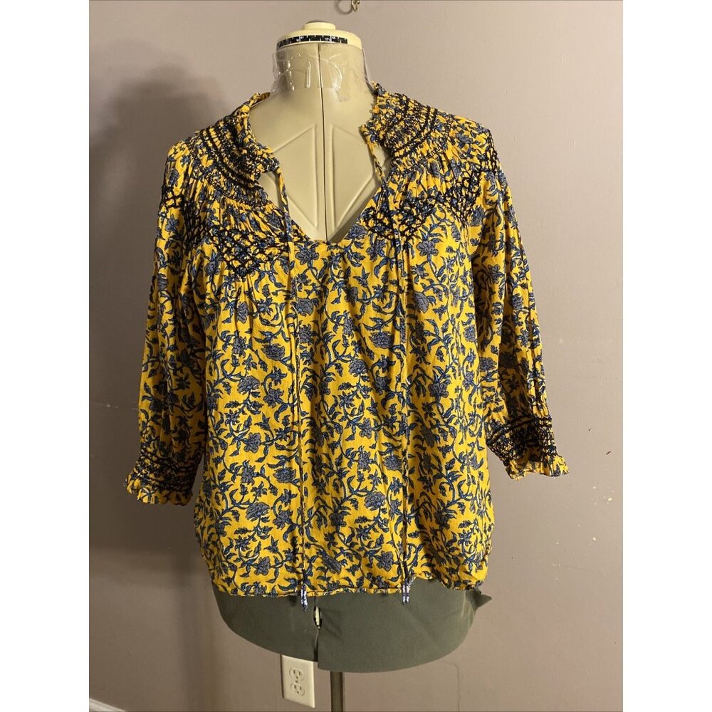 Zara Peasant Top Blouse Orange Blue Floral Embroidered Smocked 3/4 Sleeve Sz S